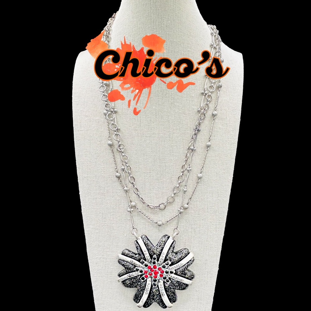 Chico's Black and Silver Floral Necklace Y2K